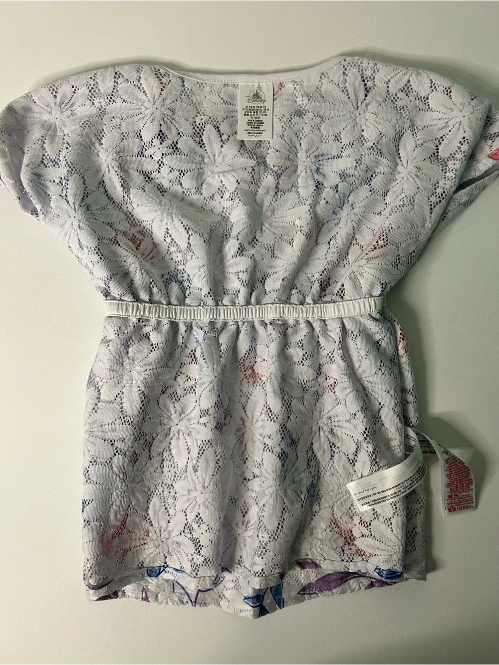 Disney White Eyelet Top with Purple, Blue & Coral Floral Accents Kaftan sleeves